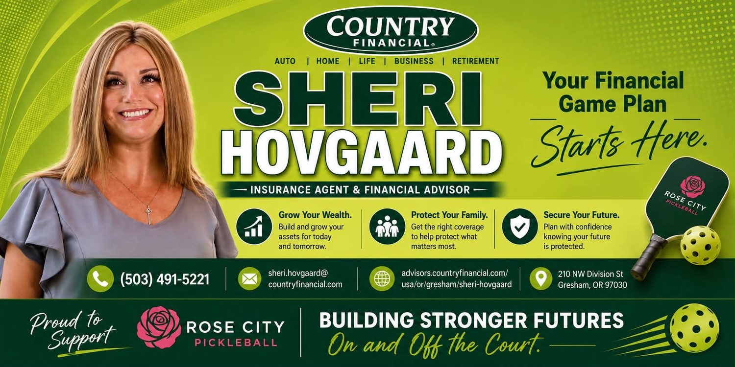 Country Financial — Sheri Hovgaard, Insurance Agent and Financial Advisor, Gresham OR. Auto, home, life, business and retirement. (503) 491-5221. Proud to support Rose City Pickleball.