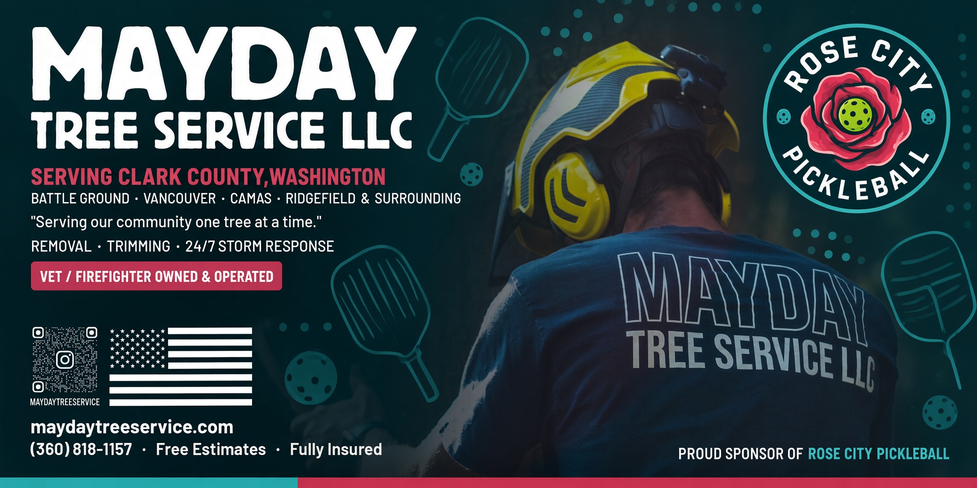 Mayday Tree Service LLC — serving Clark County, Washington: Battle Ground, Vancouver, Camas, Ridgefield and surrounding. Removal, trimming, 24/7 storm response. Veteran and firefighter owned and operated. (360) 818-1157. Proud sponsor of Rose City Pickleball.